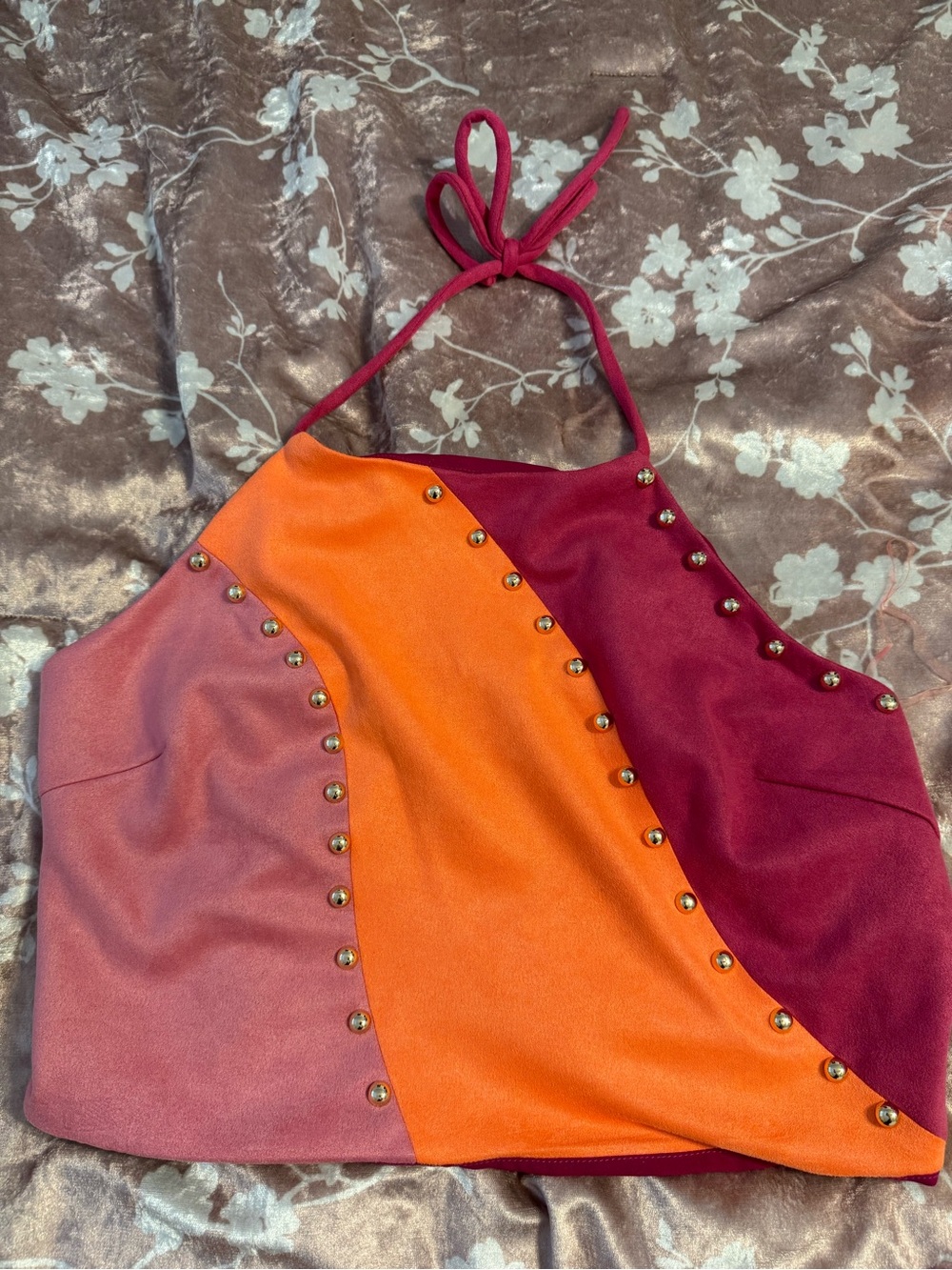 NWOT Blushing Brunette Colorblock Halter Neck Faux Suede Studded Skirt Set Sz XL - Picture 9 of 12
